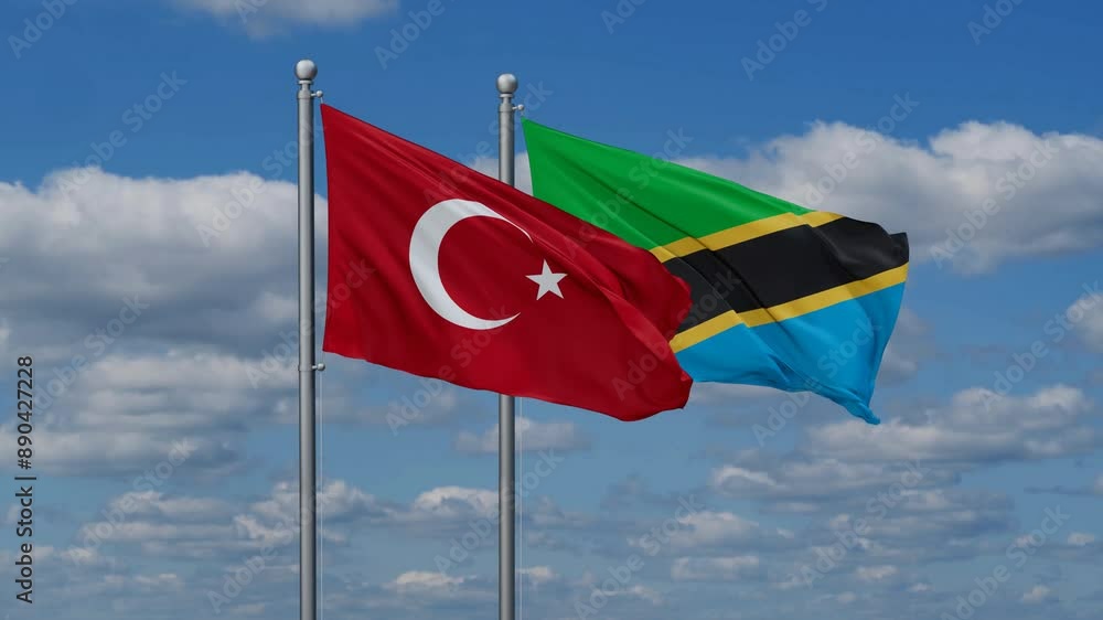 Tanzania and Turkey flags flying together, video concept of the relationship, two country relations concept Tanzania and Turkey flags flying together, video concept of the relationship, two country relations concept