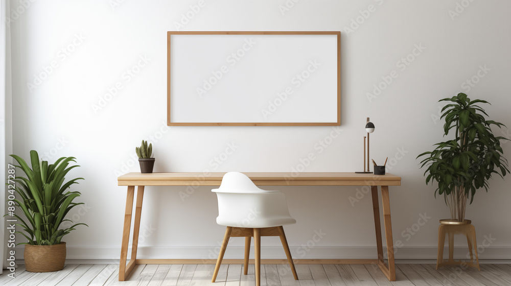 Scandinavian Style Workspace with Wooden Desk White Chair and Large Plant Scandinavian Style Workspace with Wooden Desk White Chair and Large Plant