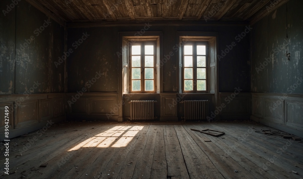 Empty old room with wooden floor and peeling paint walls. Empty old room with wooden floor and peeling paint walls.
