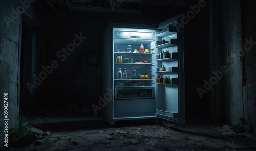 Abandoned open refrigerator radiates light in darkness. photo