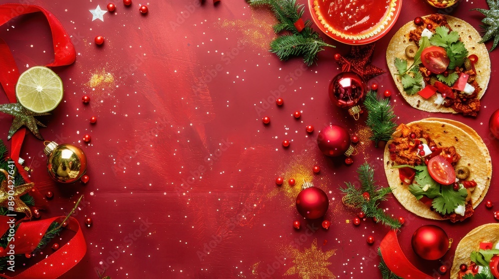 Festive Christmas table decorated with holiday ornaments and delicious plates on a red background. Celebratory and appetizing scenery. Festive Christmas table decorated with holiday ornaments and delicious plates on a red background. Celebratory and appetizing scenery.