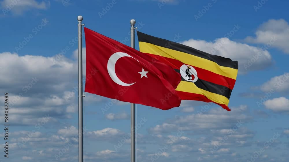 Republic of Uganda and Turkey flags flying together, video concept of the relationship, two country cooperation concept Republic of Uganda and Turkey flags flying together, video concept of the relationship, two country cooperation concept