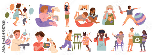 Set of active children. Happy kids in daily situations. Boys and girls read books, play with friends and pets, dance, listen to music and sleep in bed. Flat vector illustration isolated on background