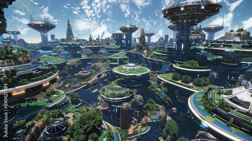 Fototapeta Naklejka Na Ścianę i Meble -  A massive, floating space colony with interconnected habitats and lush green areas.