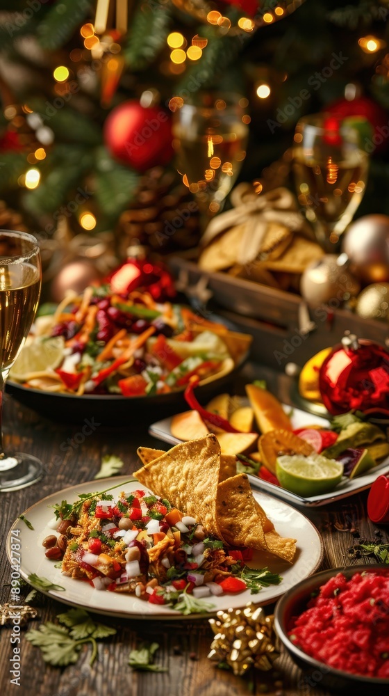 Festive holiday table setting with appetizers and sparkling drink, featuring vibrant colors and holiday decorations in the background. Festive holiday table setting with appetizers and sparkling drink, featuring vibrant colors and holiday decorations in the background.