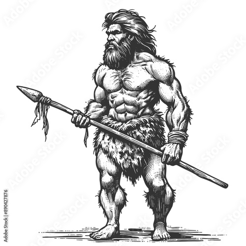 prehistoric caveman holding a spear, showcasing primitive human life and ancient survival tools sketch engraving generative ai vector illustration. Scratch board imitation. Black and white image.