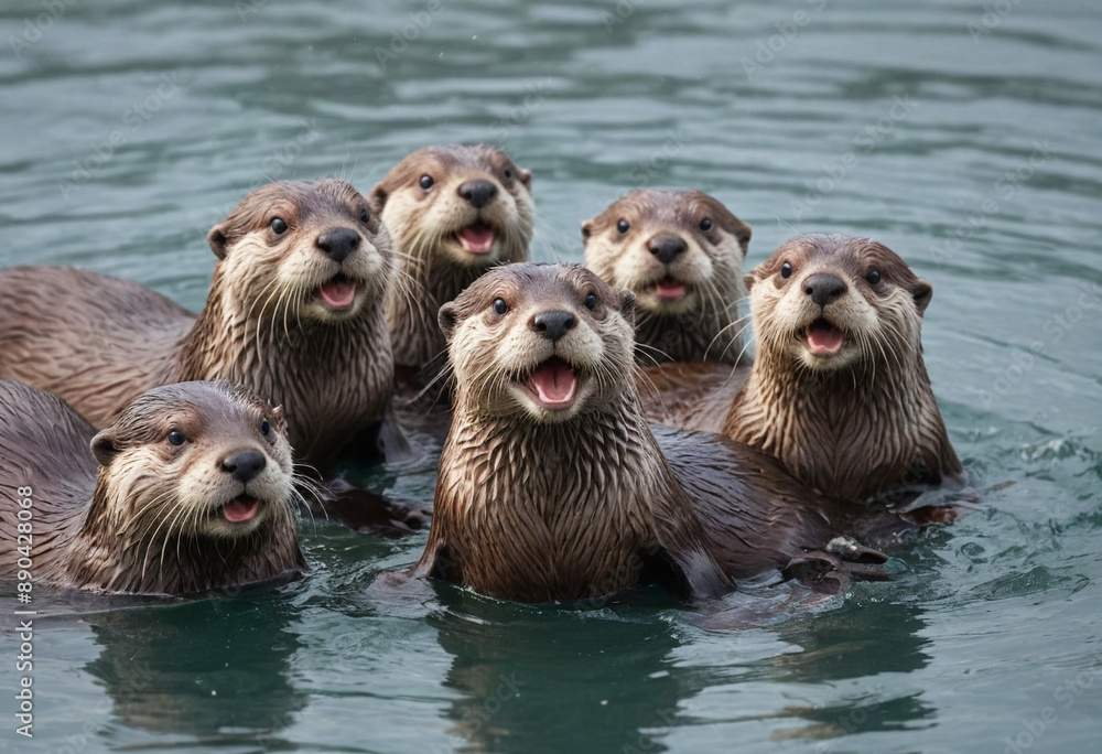 A playful group of otters frolicking in the water. A playful group of otters frolicking in the water.