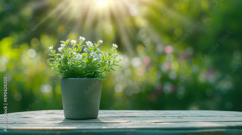 Sunlit Potted Plant on Wooden Table Outdoors in Bright Green Garden Morning Glow Sunlit Potted Plant on Wooden Table Outdoors in Bright Green Garden Morning Glow