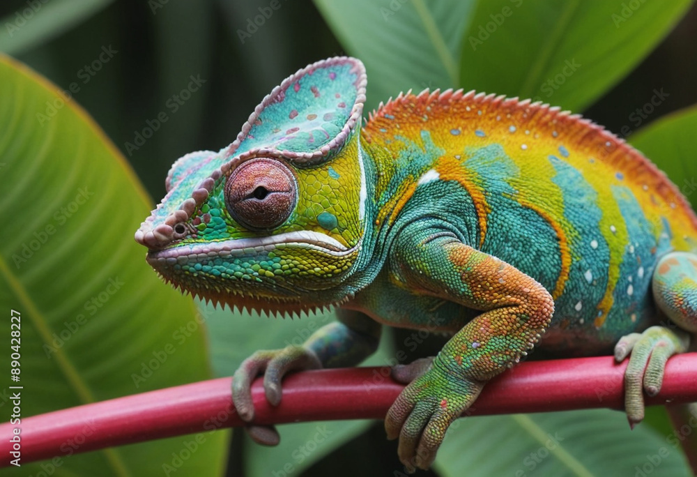 Obraz premium A close-up of a chameleon changing colors on a vibrant tropical leaf. 