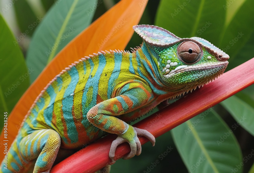 Obraz premium A close-up of a chameleon changing colors on a vibrant tropical leaf. 