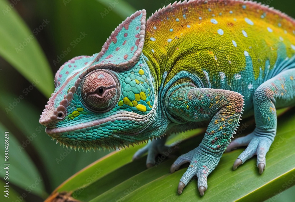 Obraz premium A close-up of a chameleon changing colors on a vibrant tropical leaf. 