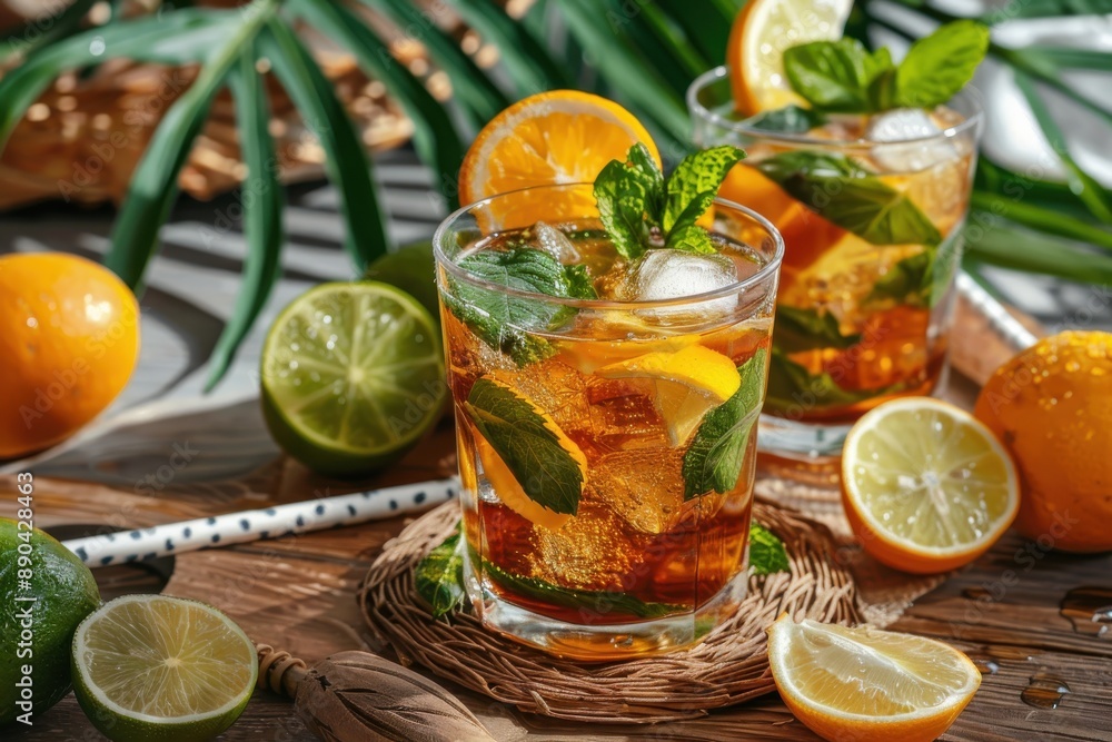 Fototapeta premium Two citrus drinks garnished with mint leaves and ice cubes are served in transparent glasses in a bright and sunny setting, with fresh oranges and limes around.