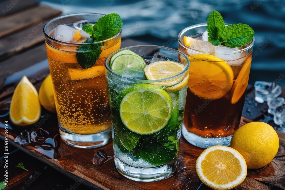 Three different colorful fruit drinks garnished with mint and ice cubes on a wooden surface by the waterfront, evoking a sense of freshness and relaxation in a tropical setting. Three different colorful fruit drinks garnished with mint and ice cubes on a wooden surface by the waterfront, evoking a sense of freshness and relaxation in a tropical setting.