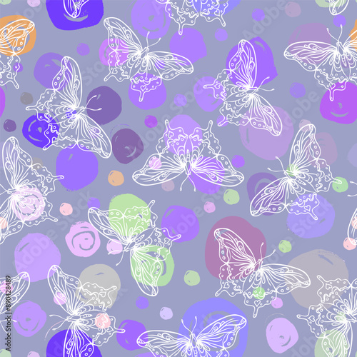 Seamless pattern with butterflies on black background. Highly detailed repeti...