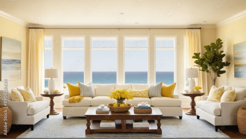 Fototapeta premium Comfortable sofa with coffee table near window in modern living room