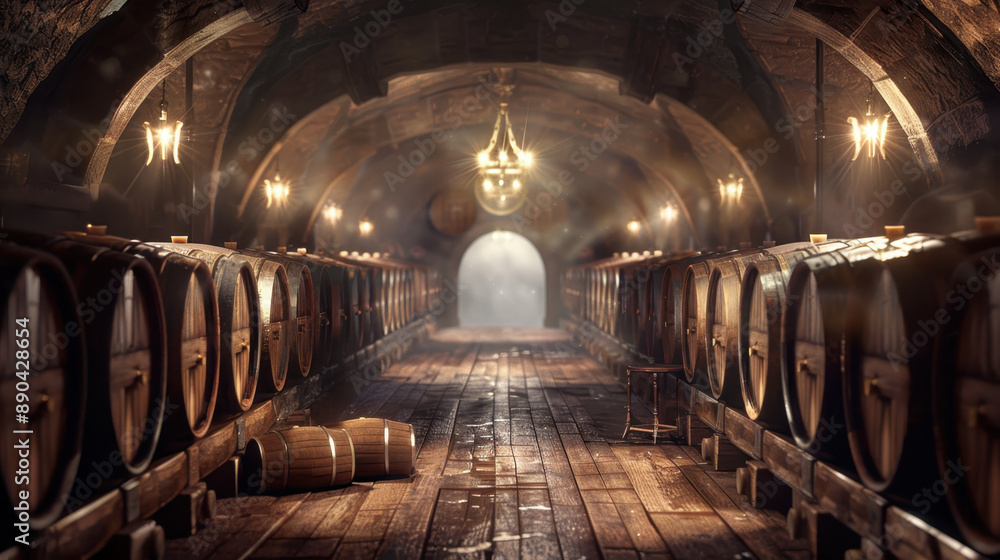 Obraz premium Rustic wine cellar with wooden barrels and vintage chandeliers in dim lighting