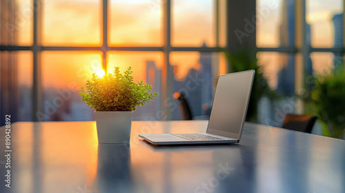 Wallpaper Mural Serene Office Sunset Overlooking Modern Cityscape with Laptop and Plant Torontodigital.ca