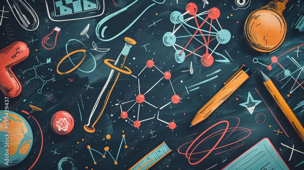 Science Written Funky Handwritten-style text with quirky illustrations of school subjects ...