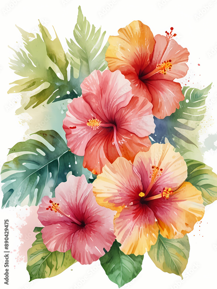 tropical hibiscus flower and monstera leaves summer theme bouquet isolated on white background tropical hibiscus flower and monstera leaves summer theme bouquet isolated on white background