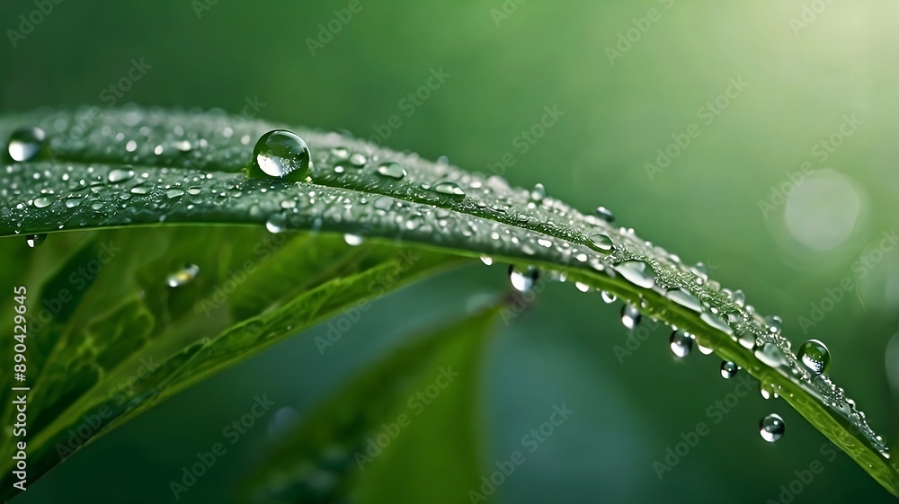 Obraz premium dew, water, a drop of morning dew on a weed leaf on a green background