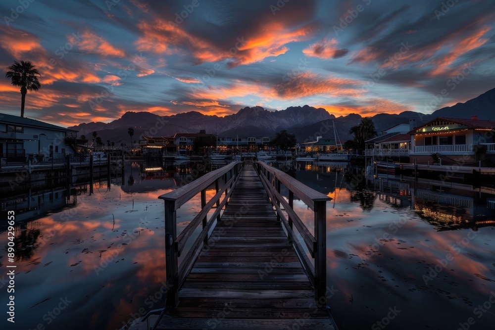 Obraz premium A scenic wooden pier extends into calm waters at sundown, with vibrant clouds in the sky and mountains in the distance, offering a peaceful and picturesque view.