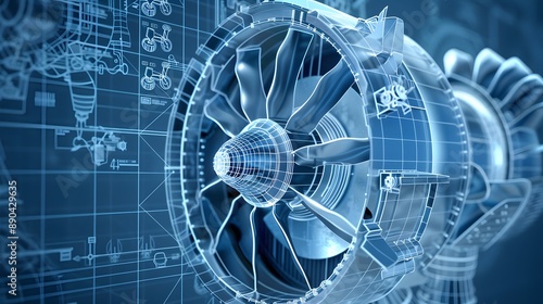 A blue and white image of a turbine with a blue background. The image is of a machine that is designed to generate power