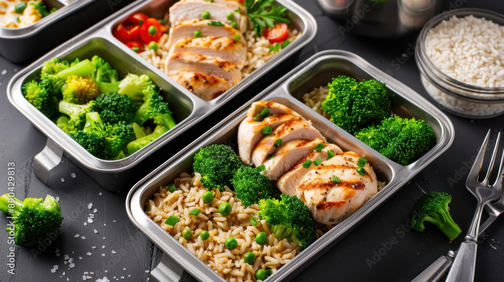 Healthy meal prep containers with grilled chicken, brown rice, broccoli, and vegetables on black table Healthy meal prep containers with grilled chicken, brown rice, broccoli, and vegetables on black table