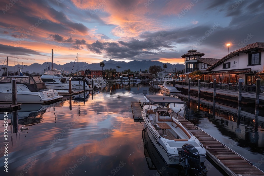 Obraz premium A peaceful marina scene captured at twilight, with boats docked under a colorful sunset sky, reflecting on the water and creating a tranquil and serene atmosphere.