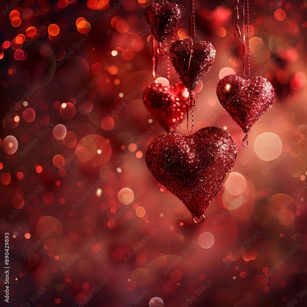 AI generated illustration of closeup of glittery red hearts ornaments, with blurred bokeh background AI generated illustration of closeup of glittery red hearts ornaments, with blurred bokeh background