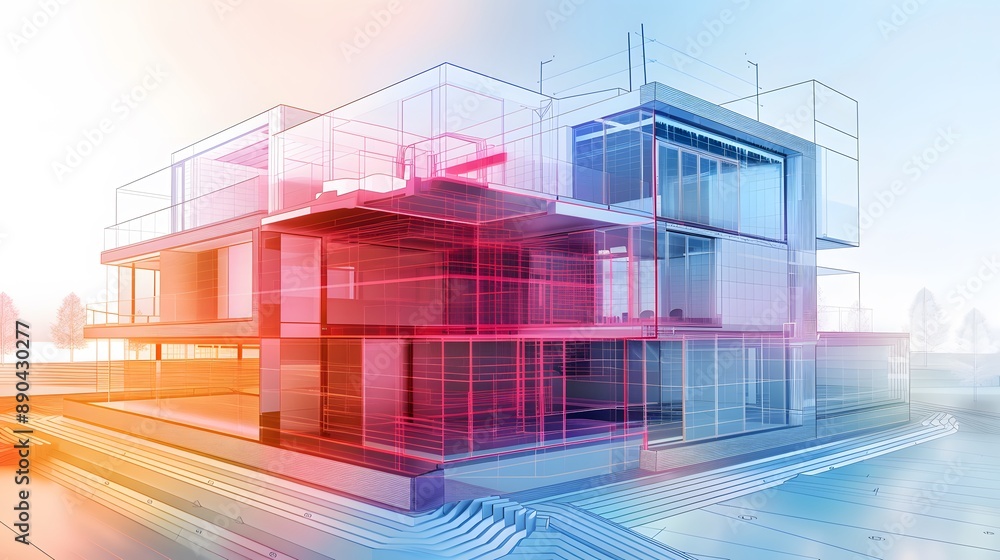 A blue and white image of a building with a blue outline A blue and white image of a building with a blue outline