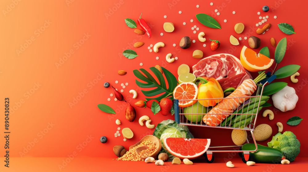Shopping cart overflowing with fresh fruits, vegetables, nuts, and meat against vibrant orange background Shopping cart overflowing with fresh fruits, vegetables, nuts, and meat against vibrant orange background