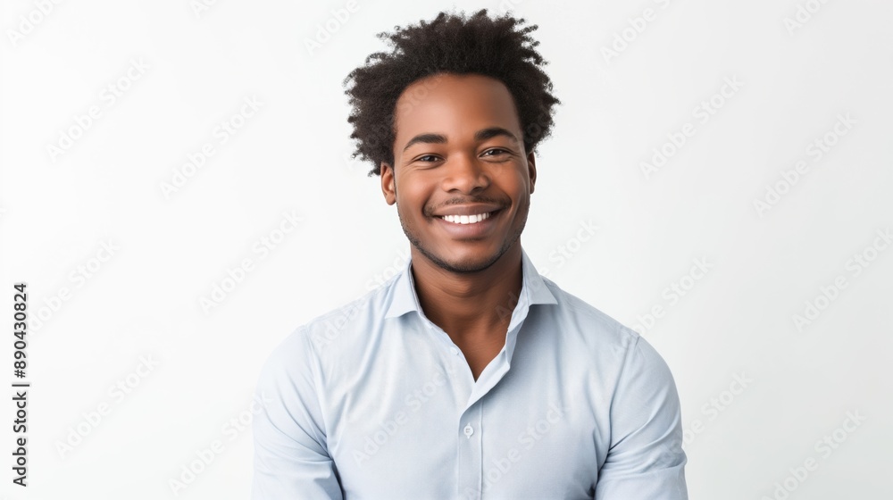 Photo of a smiling, confident, optimistic tech worker on a white background Photo of a smiling, confident, optimistic tech worker on a white background