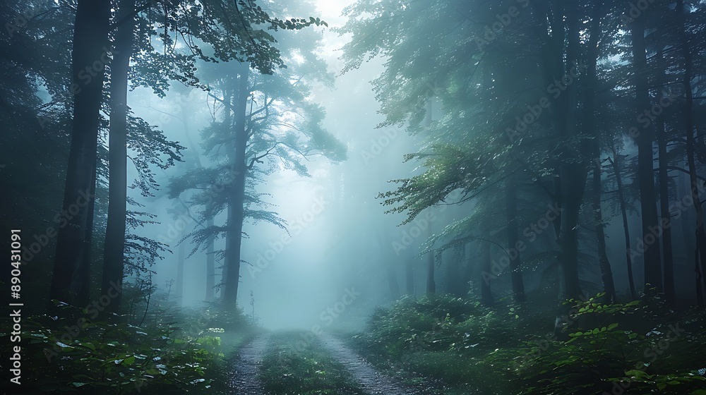 Fototapeta premium foggy forest path in early morning
