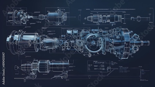 Fototapeta Naklejka Na Ścianę i Meble -  A blue and white drawing of a rocket ship with a bomb on the front. The drawing is of a futuristic design and is very detailed