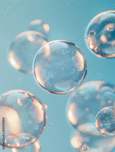 oil bubbles floating against a light background. The bubbles are semi-transparent with a reflective quality