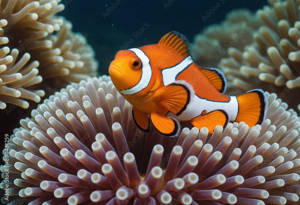 A symbiotic relationship between a clownfish and an anemone. A symbiotic relationship between a clownfish and an anemone.
