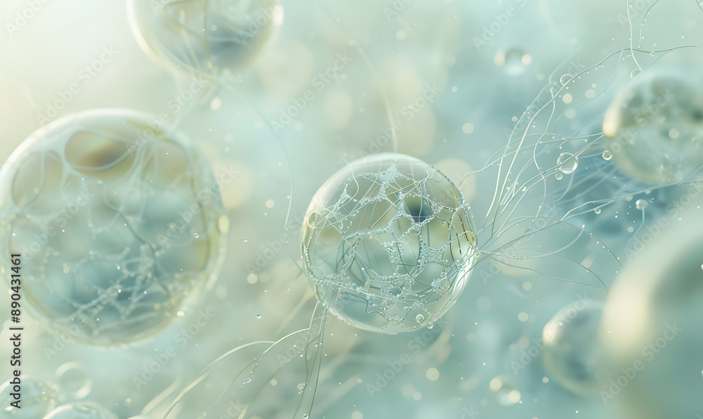 oil bubbles floating against a light background. The bubbles are semi-transparent with a reflective quality oil bubbles floating against a light background. The bubbles are semi-transparent with a reflective quality