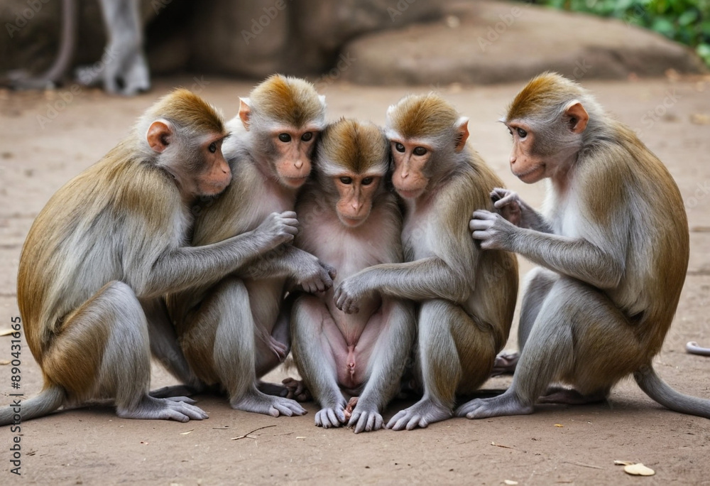 Obraz premium A group of monkeys grooming each other for social bonding. 