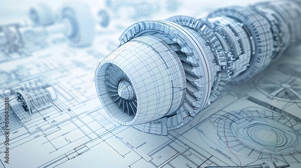 A jet engine is shown in a blue and white background. The engine is the main focus of the image, and it is a large, complex piece of machinery. Concept of engineering and technology