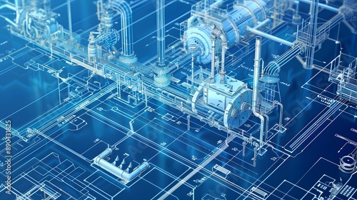 A blue and white image of a pipe system with a blue background. The image is of a machine or a piece of technology