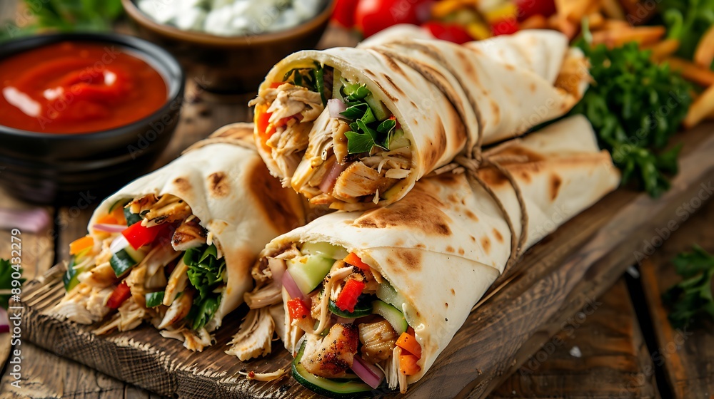 grilled chicken shawarma served on wooden board