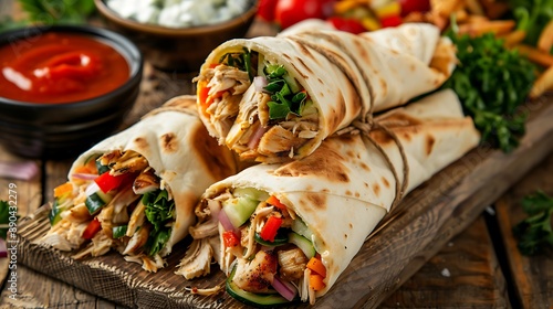 Obraz na płótnie grilled chicken shawarma served on wooden board w salonie