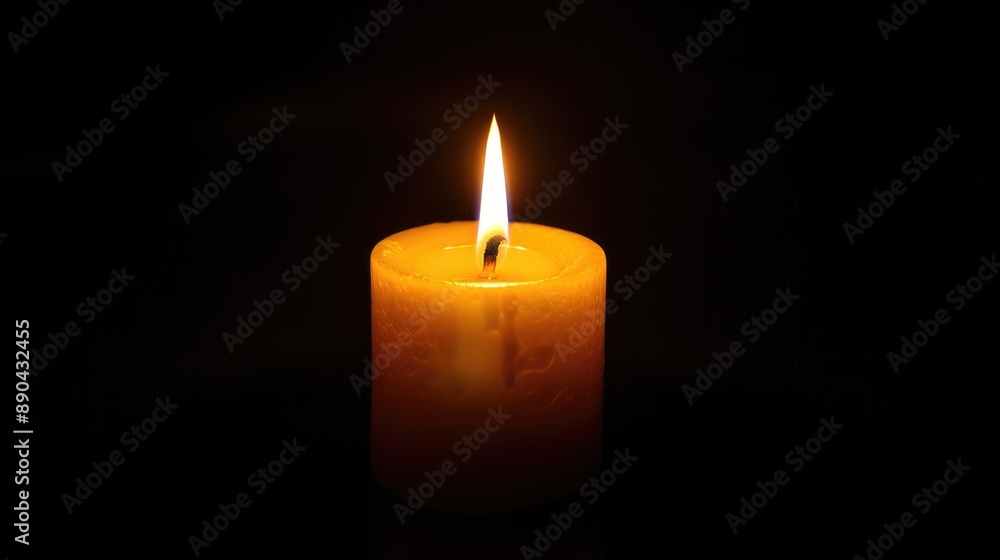 Lit candle in the darkness, flame glowing brightly, creating a serene atmosphere Lit candle in the darkness, flame glowing brightly, creating a serene atmosphere