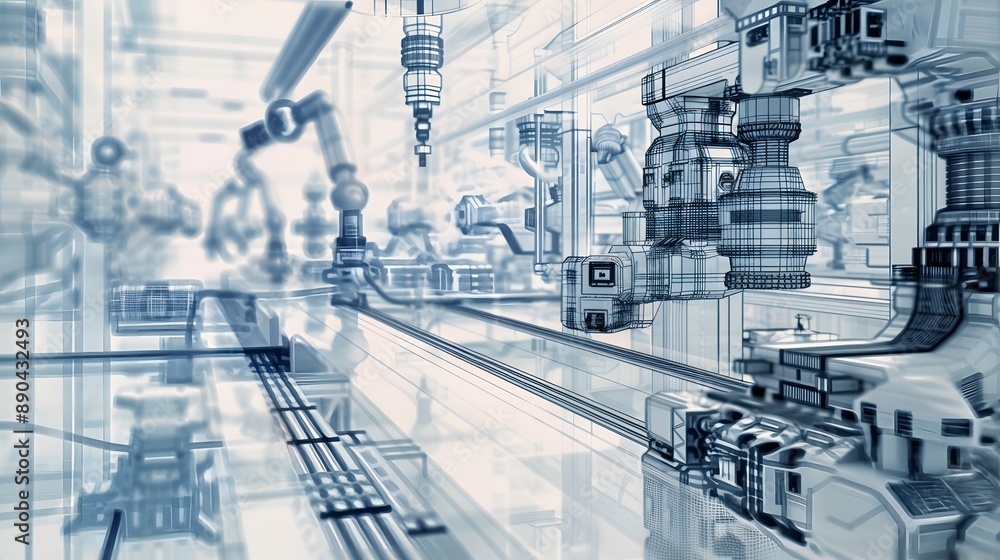 A robot is shown in a factory setting, surrounded by machinery and other robots. Concept of industrialization and technological advancement, as well as the potential for automation A robot is shown in a factory setting, surrounded by machinery and other robots. Concept of industrialization and technological advancement, as well as the potential for automation