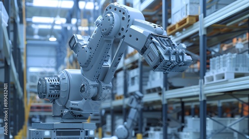 A robot is shown in a factory setting, surrounded by machinery and other robots. Concept of industrialization and technological advancement, as well as the potential for automation