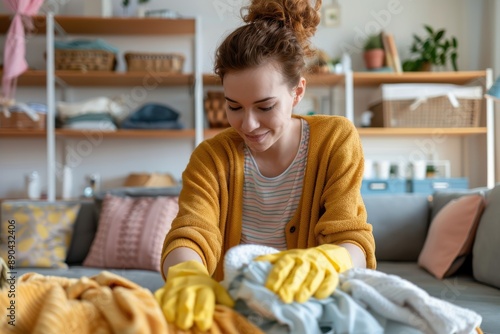 A young woman wearing yellow gloves and a striped shirt is folding clothes in her cozy, well-decorated home. She is smiling brightly, embodying joy and productivity. photo