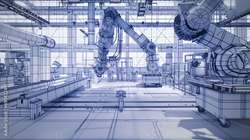A robot is shown in a factory setting, surrounded by machinery and other robots. Concept of industrialization and technological advancement, as well as the potential for automation