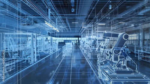 A blue and white image of a factory floor with a robot in the middle. The robot is surrounded by other robots and machinery. Concept of industrialization and technological advancement