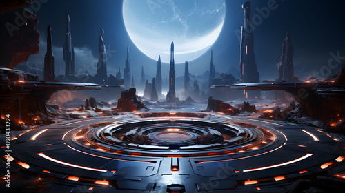 A futuristic cityscape bathed in the soft glow of a giant moon, with a large, circular platform dominating the center.