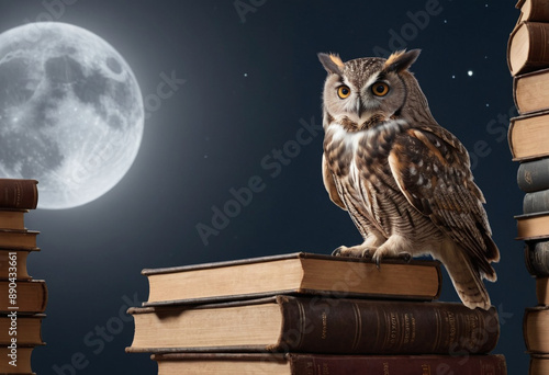 Wallpaper Mural  A wise old owl perched on a stack of books, reading by moonlight.  Torontodigital.ca